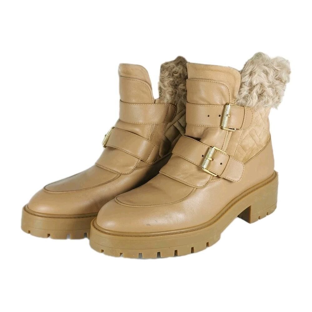 Aquazzura Women's Ryan US8,5 EU39 Bisque Leather Suede Lug Sole Shearling boots